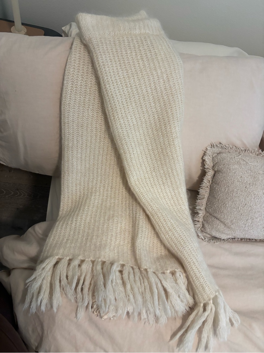 H&M Cream Midi Knit Skirt with Fringe Hem
